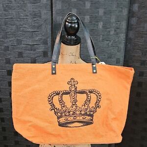 Mud Pie Orange Canvas Tote Bag Crown Graphic Queen Beach Shopper